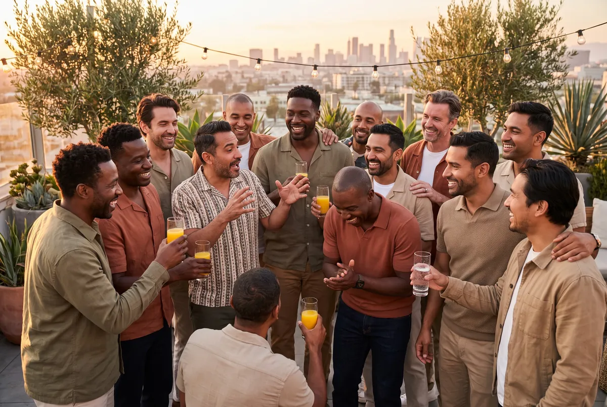 A diverse group of men laughing together on a rooftop terrace at golden hour