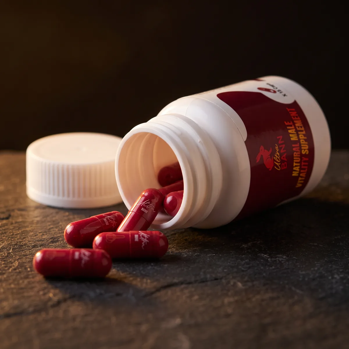Open Ultra Bann bottle with red capsules on dark stone