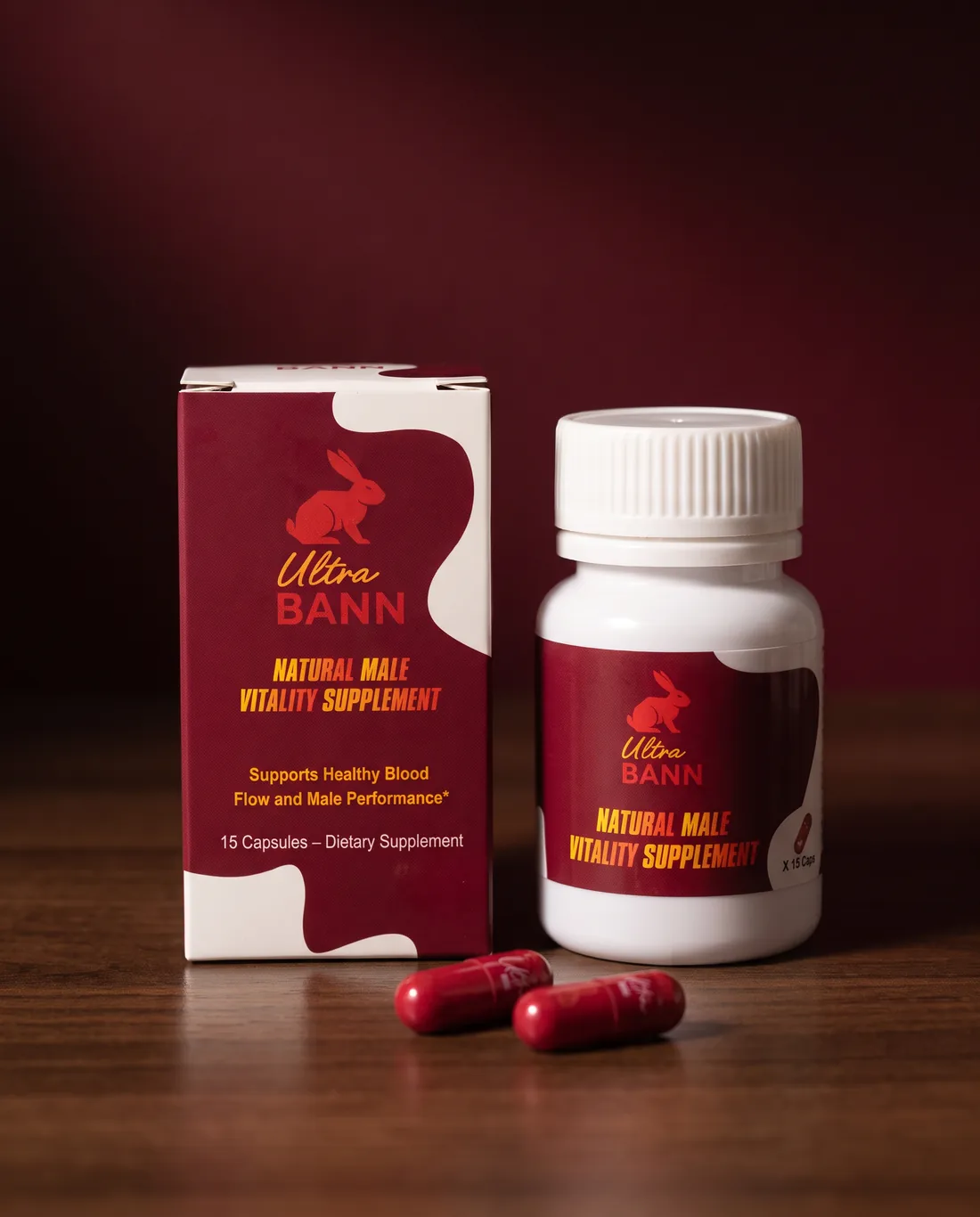 Ultra Bann box and bottle on a walnut table