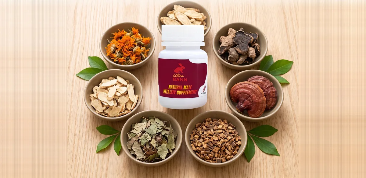 Ultra Bann bottle surrounded by bowls of its herbal ingredients