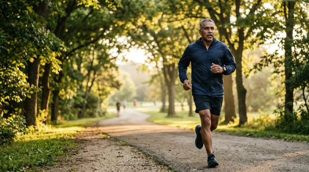 Ultra Bann Man in his 50s jogging on a park path, aerobic exercise that supports healthy circulation