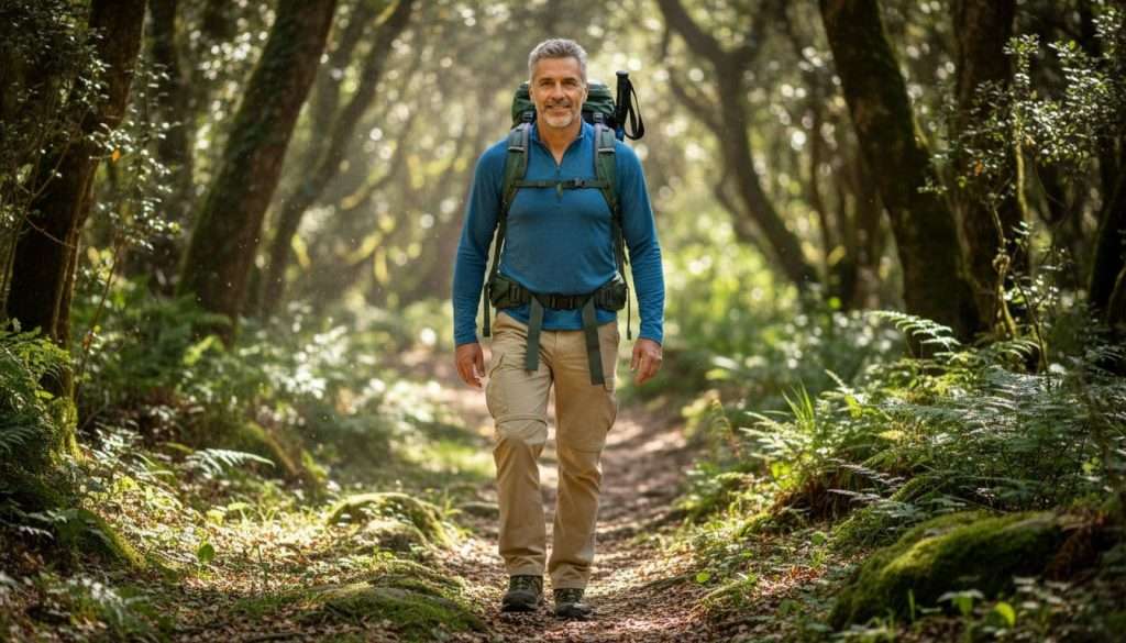 A mature man over 40 hikes energetically on a forested trail during daytime, looking focused in casual outdoor clothes