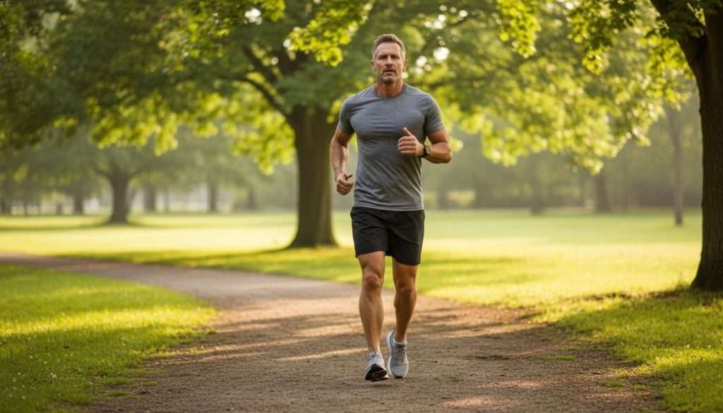 A fit mature man over 40 jogs energetically on a sunny park path with morning light, athletic build and determined