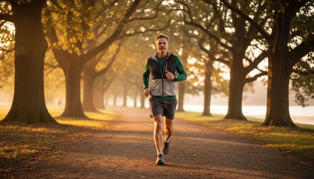 Ultra Bann A fit man in his 40s walks briskly on a tree-lined park path at sunrise, dressed in workout clothes with a determined