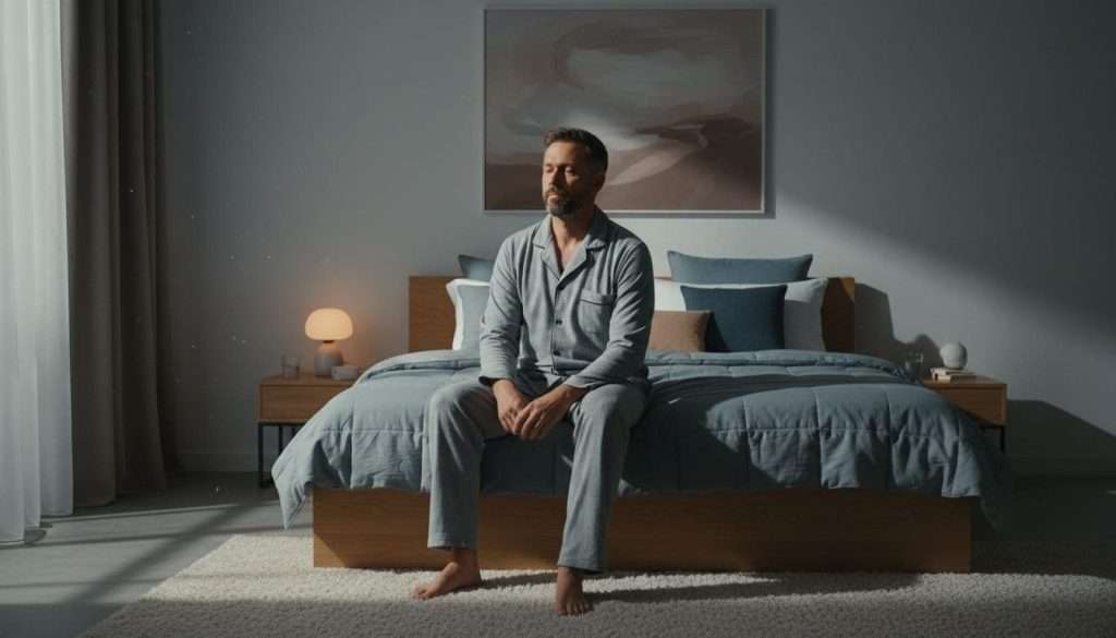 A mature man over 40 years old sits relaxed on the edge of his bed in a cozy bedroom, with soft moonlight filtering