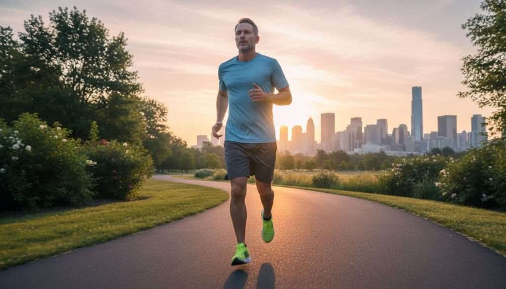 Ultra Bann Mature man over 40 in casual athletic wear jogging on a park path at dawn with determined stride, city skyline