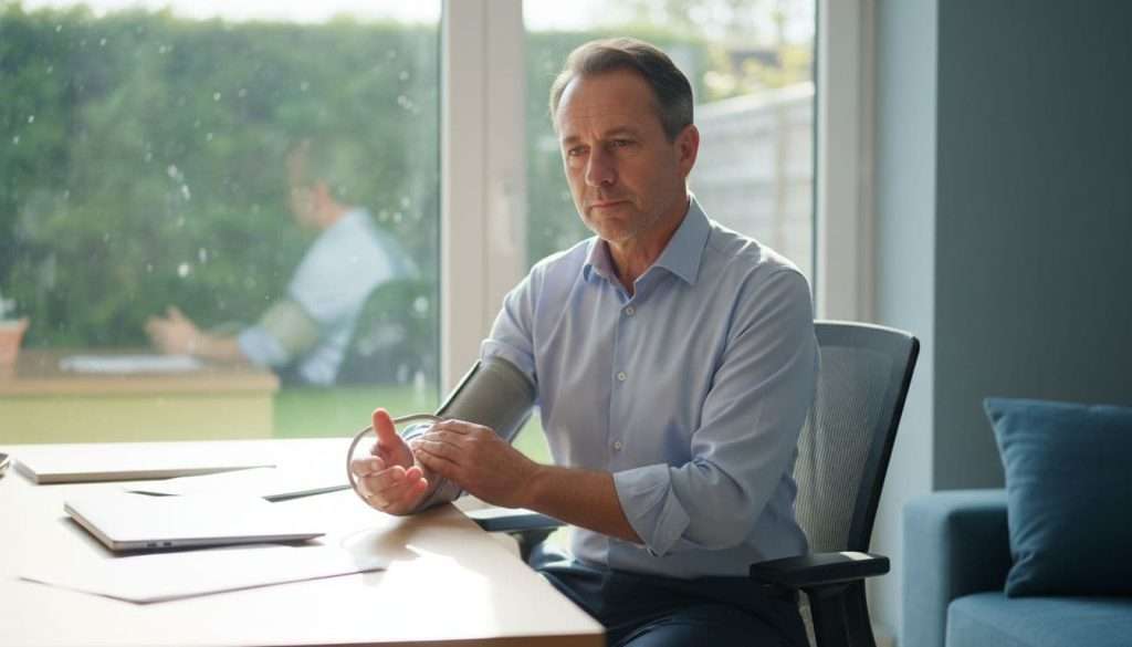 Ultra Bann A thoughtful man in his 40s sits at a modern home office desk holding a blood pressure monitor cuff on his arm