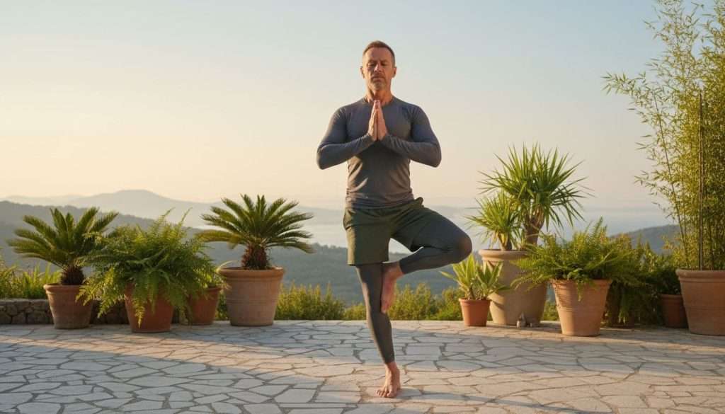 Ultra Bann A determined mature man over 40 in fitness attire practices morning yoga on a serene outdoor patio at sunrise, bathed
