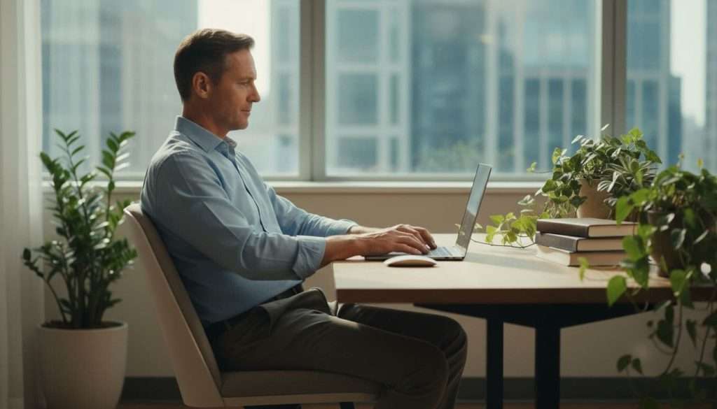 A mature professional man over 40 sits relaxed at a modern office desk, concentrated on his open laptop amid natural
