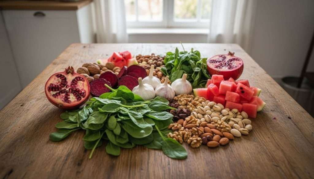 Ultra Bann Vibrant assortment of nitric oxide boosting foods including spinach leaves, sliced red beets, garlic bulbs, pomegranate