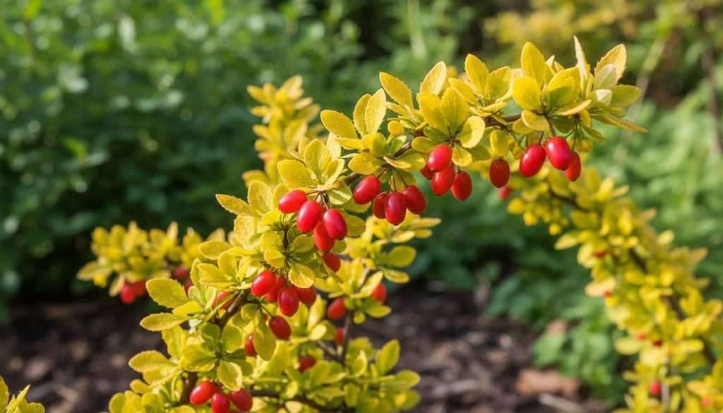 Ultra Bann Close-up of a vibrant yellow barberry plant featuring ripe berries and lush leaves in a natural garden setting