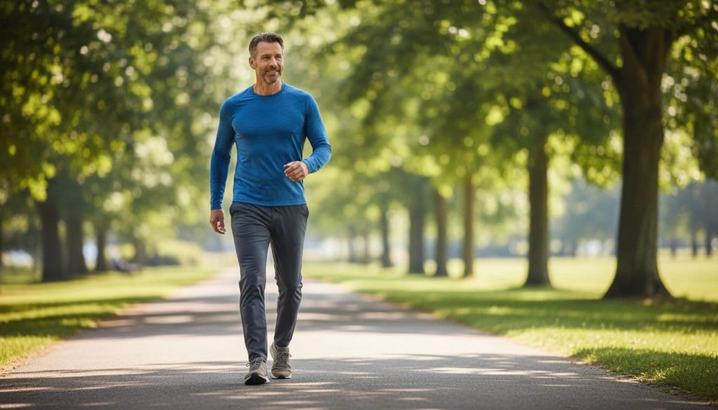 Ultra Bann 50-year-old man walks briskly on sunny park path with focused expression, blurred green trees behind