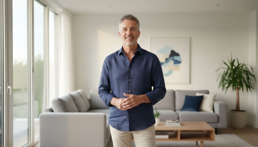 Ultra Bann 50-year-old man stands relaxed with high-energy posture in modern living room under soft afternoon light