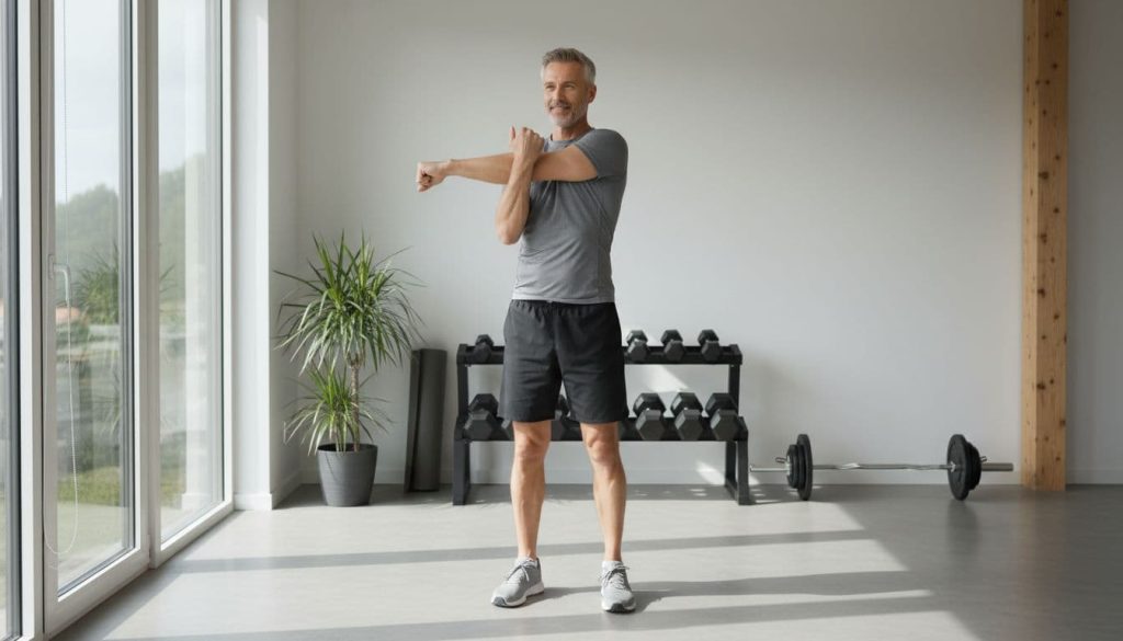 Ultra Bann A confident 45-55-year-old man with short hair, dressed in casual athletic clothes, stretches his arms after a workout