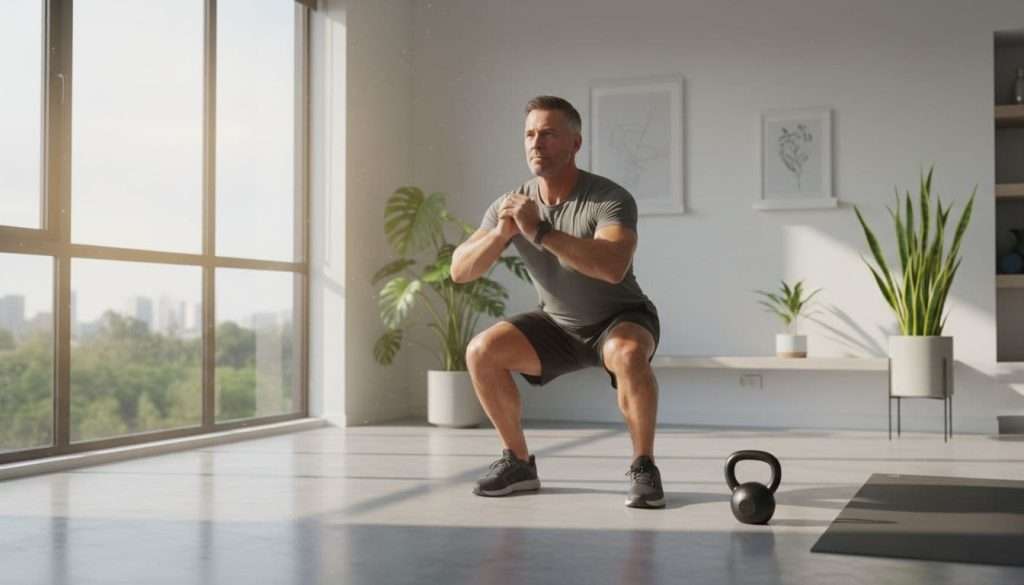 Ultra Bann A fit man over 40 performs a focused bodyweight squat in a clean modern home gym bathed in soft early morning natural