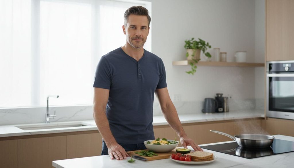 Ultra Bann A calm, confident 40-50 year old man prepares a protein-rich breakfast of eggs and greens in a modern home kitchen