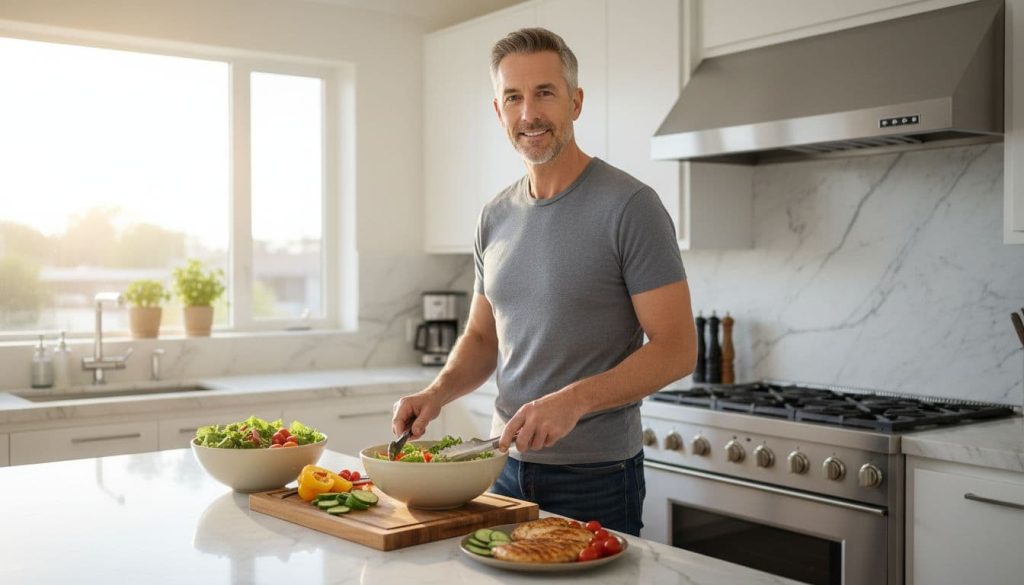 Ultra Bann Confident man aged 45-55 in modern home kitchen prepares fresh salad and protein meal to end his intermittent fast