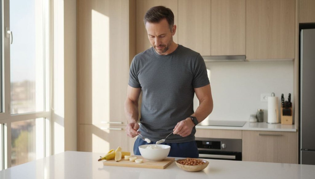 Ultra Bann 45-year-old man in modern kitchen arranges banana slices, almonds, and yogurt