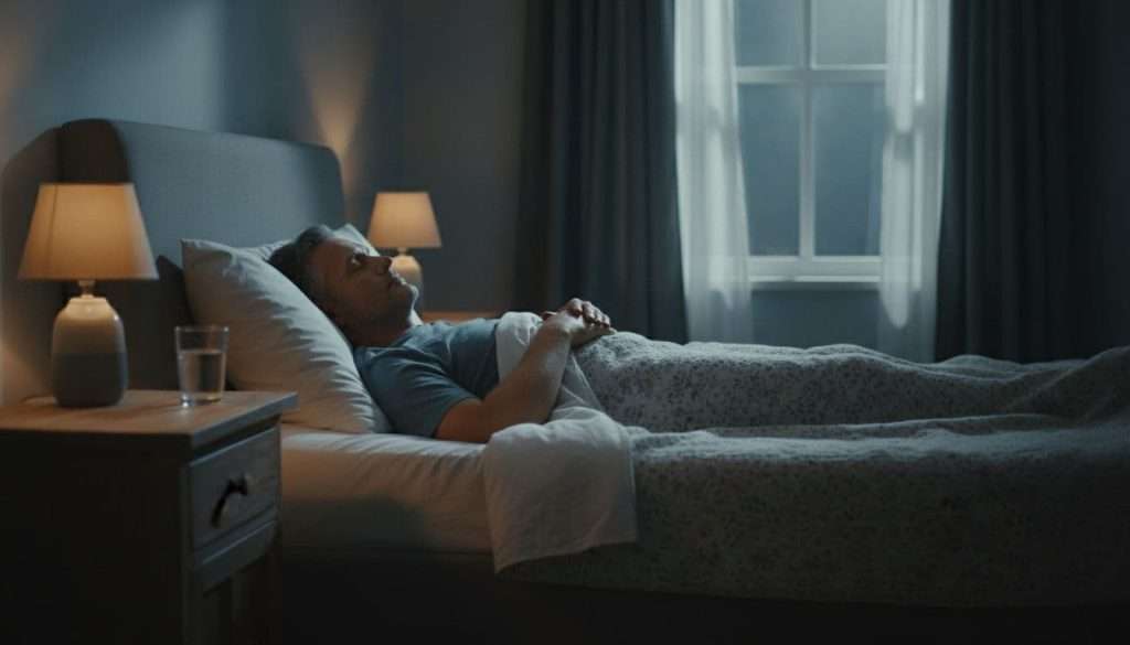 Ultra Bann A mature man over 40 lies peacefully asleep in a cozy bedroom at night, with soft moonlight through the window, relaxed