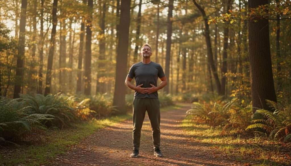 Ultra Bann A middle-aged man in casual athletic clothes stands relaxed in a serene forest during golden hour, hands on abdomen