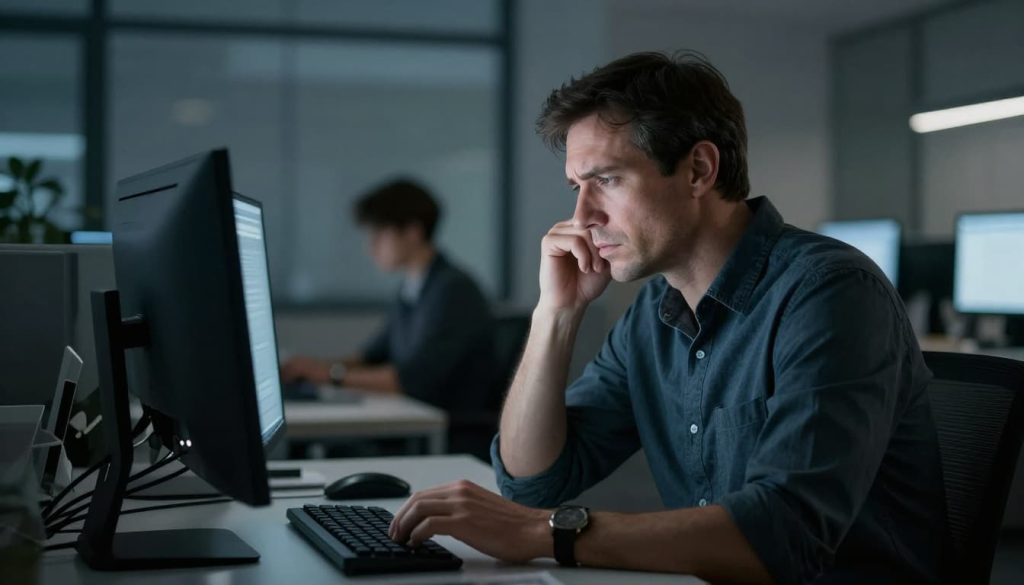 Ultra Bann Adult man aged 45-55 working night shift in modern dimly lit office, focused on computer screen with subtle fatigue signs
