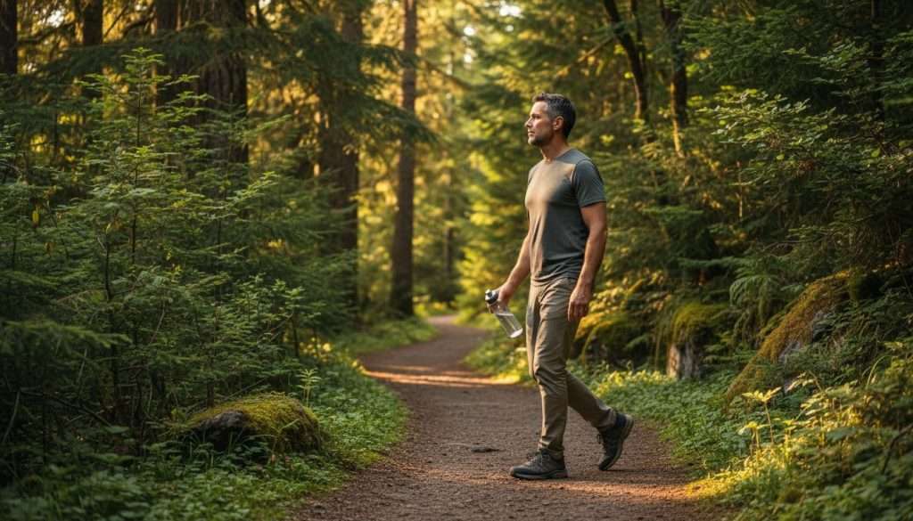 A man in his 40s walks attentively along a lush green forest trail, carrying a water bottle in hand, captured in dynamic