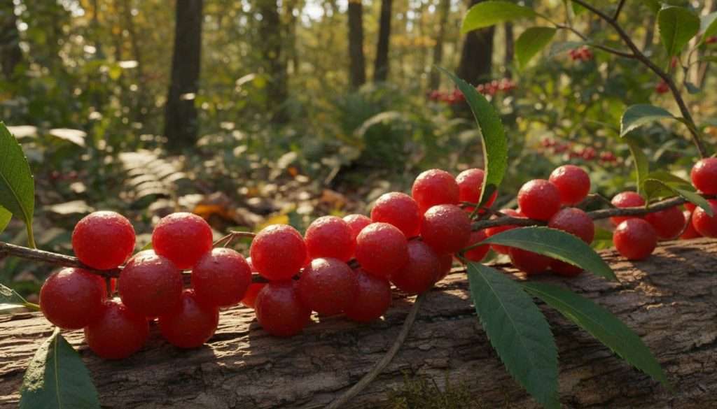 Schisandra berries on a wooden surface in a natural forest setting, close-up composition with soft morning light