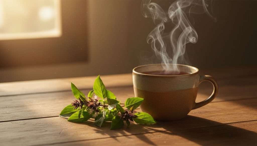 Ultra Bann Close-up of a steaming cup of holy basil tea on a wooden table beside fresh leaves, warm morning light filtering through
