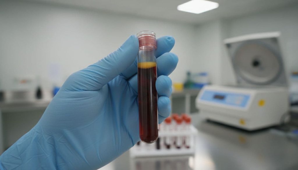 Ultra Bann Blood test vial gloved hand lab