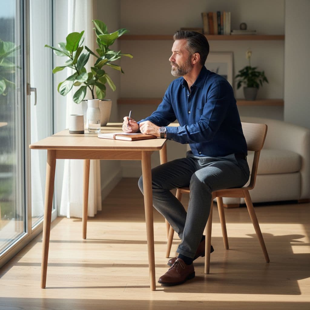 Ultra Bann Man in 40s sits calmly at wooden desk in bright home office, gazing toward sunlit window