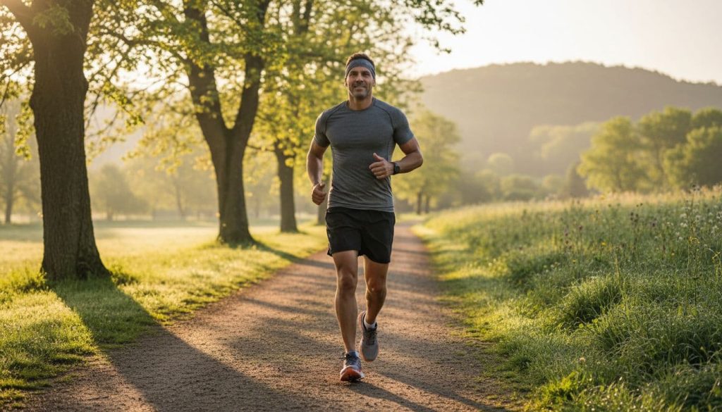 Ultra Bann Fit man in athletic gear jogs on scenic park path in soft morning sunlight