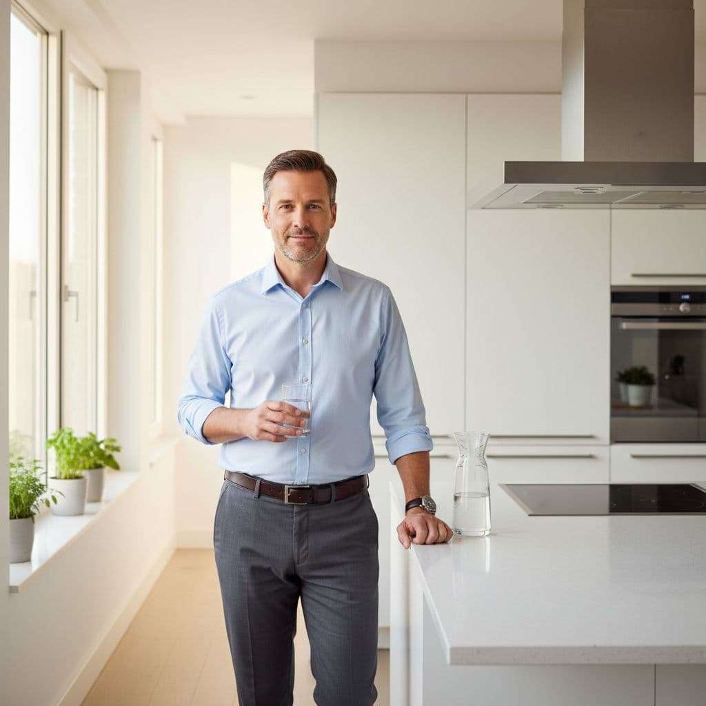 Ultra Bann A man in his 40s stands in a sunlit modern kitchen holding a glass of water