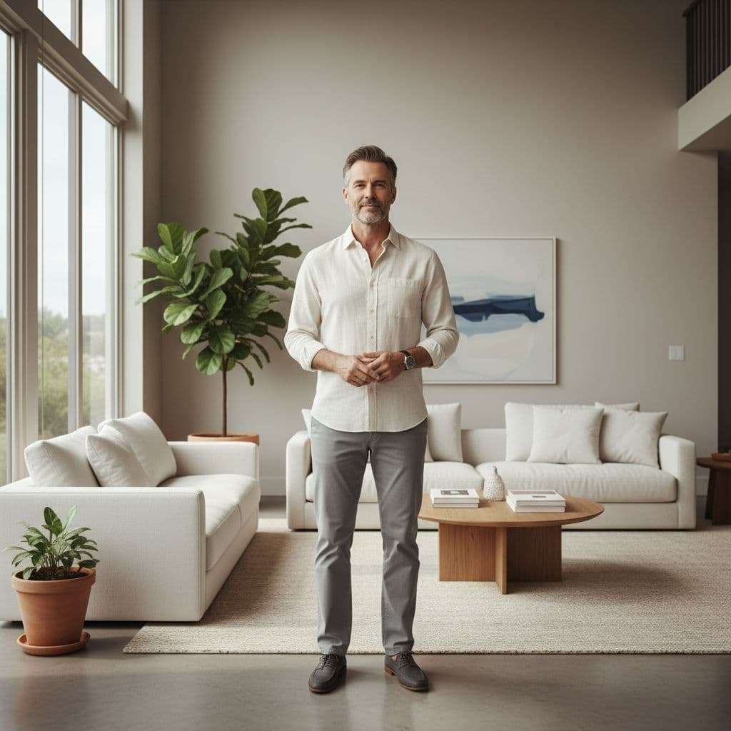 Ultra Bann A calm middle-aged man stands in a minimalist, sunlit living room looking confident