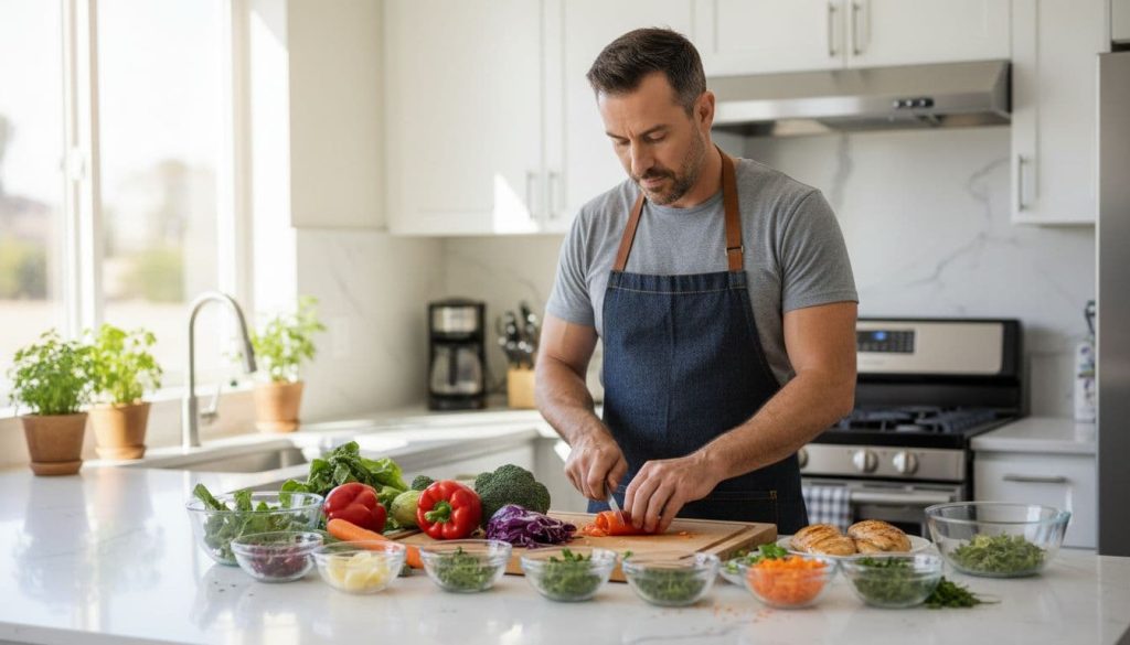 Ultra Bann Man in his 40s chops fresh vegetables and lean proteins in sunlit kitchen