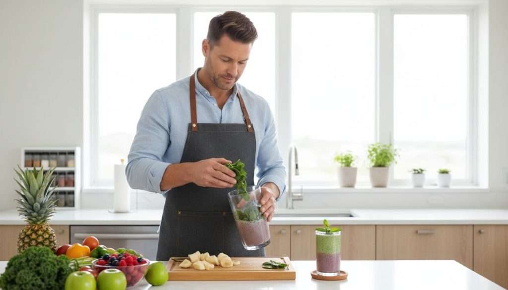 Ultra Bann A man in his 40s prepares a fresh smoothie in a bright, modern kitchen