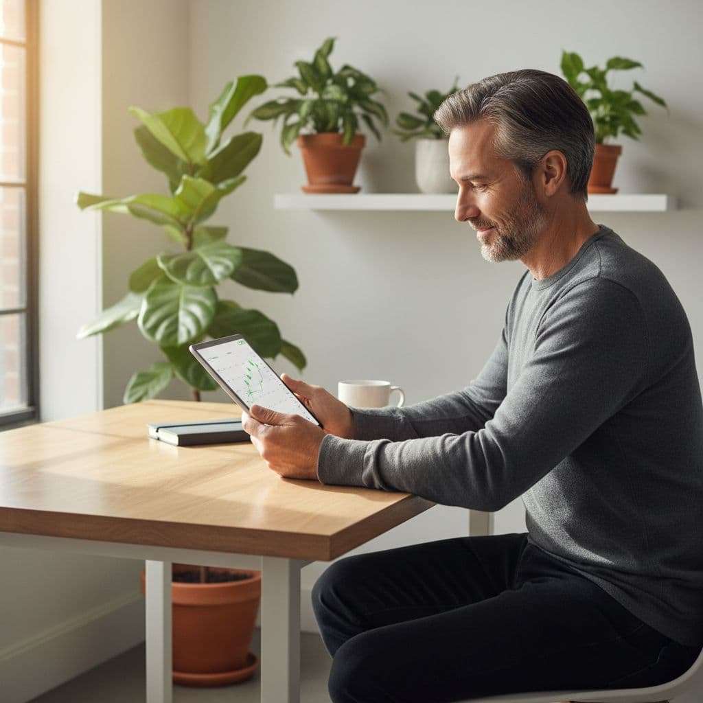 Ultra Bann A man in his late forties sits at a bright desk reviewing a digital tablet