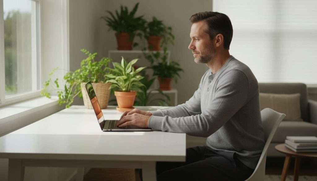 Ultra Bann A focused man works at a clean desk in a sunlit home office with indoor plants