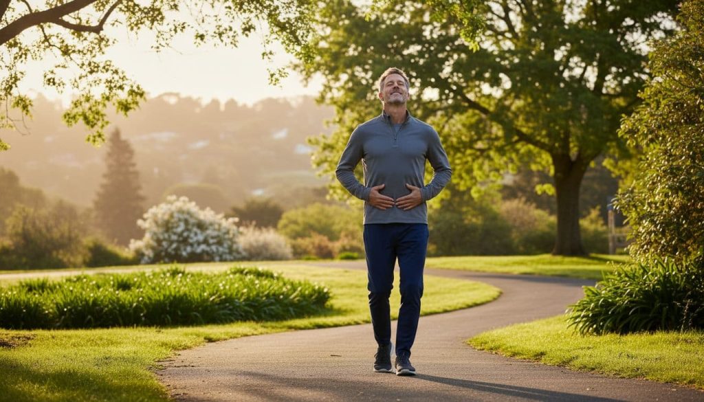 Ultra Bann Mature man in casual athletic wear walks park path at dawn, performing deep breathing amid trees