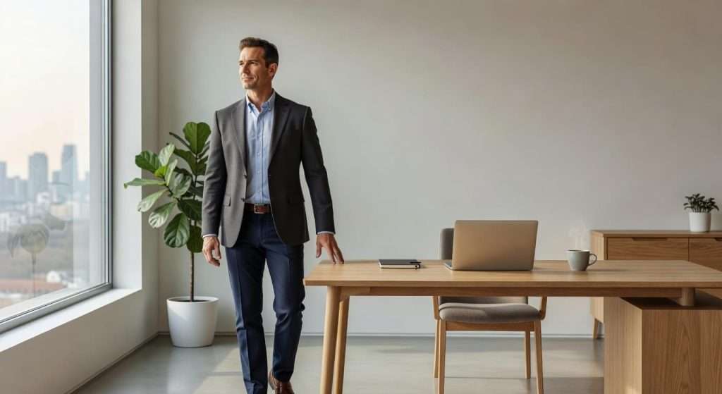 Ultra Bann A man in his forties wears a smart-casual shirt while standing in a bright, minimalist home office
