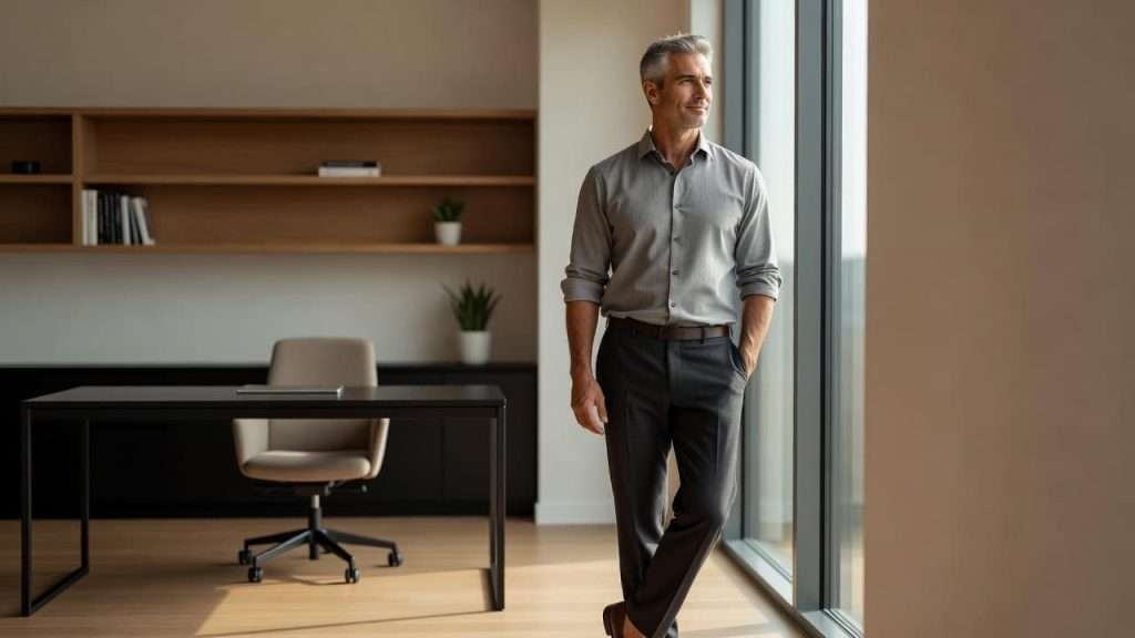 Ultra Bann A man in his mid-forties wearing smart casual clothing stands in a bright, minimalist home office