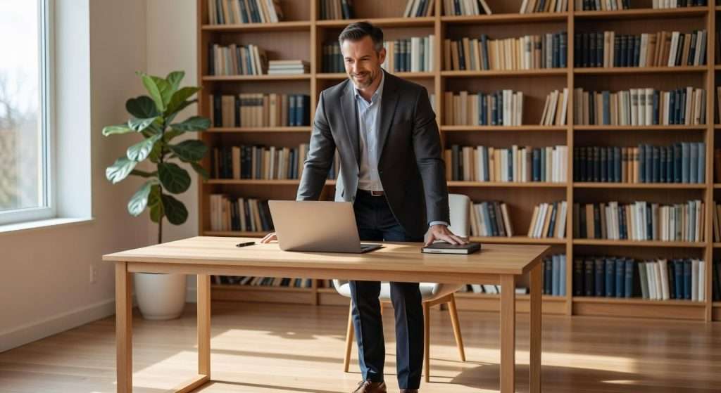 Ultra Bann A confident man in his forties stands in a bright, organized home office workspace