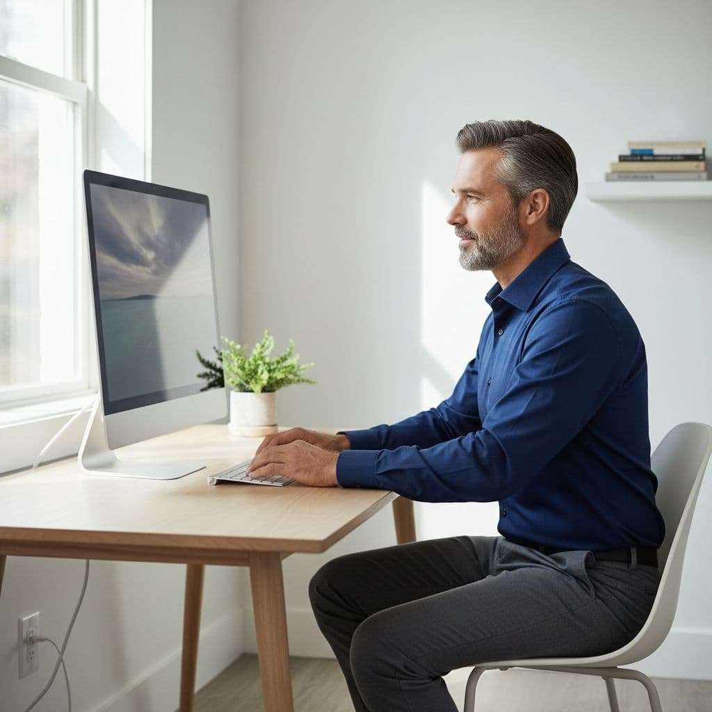 Ultra Bann A man in his late forties sits at a minimalist desk inside a bright home office