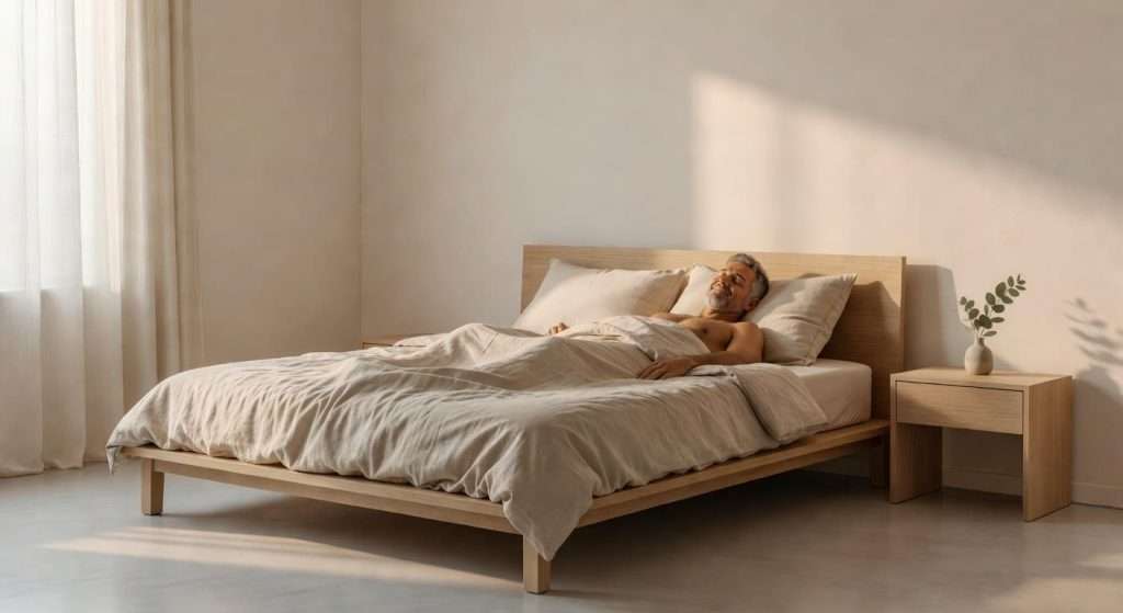 Ultra Bann A man in his forties sleeps soundly in a minimalist bedroom during the early morning
