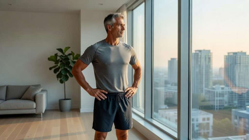 Ultra Bann A man in athletic wear stands in a bright, modern living room while gazing out a large window