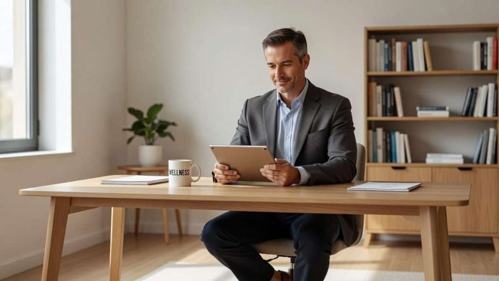 Ultra Bann A middle-aged man in business attire sits in a bright office while analyzing health data on his tablet