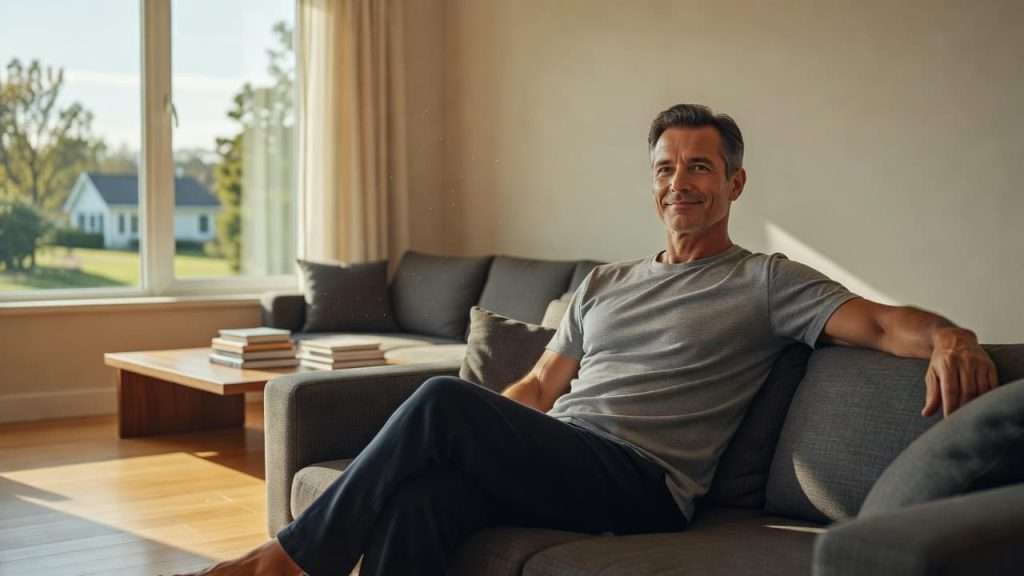 Ultra Bann A middle-aged man sits comfortably on a plush gray sofa in a brightly lit living room