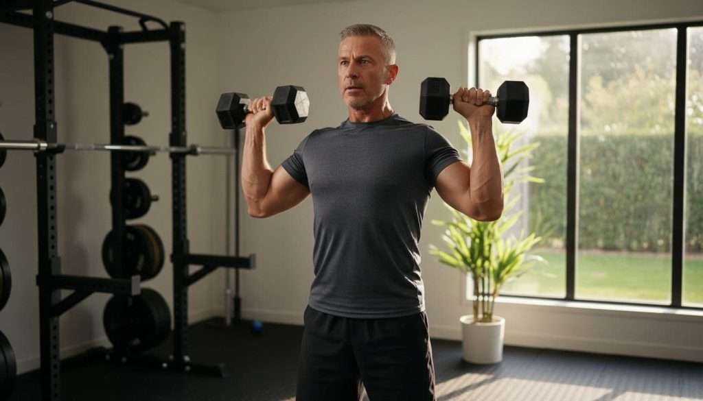 Ultra Bann A fit man over 40 with short graying hair and athletic build performs a dumbbell shoulder press mid-rep in a modern home