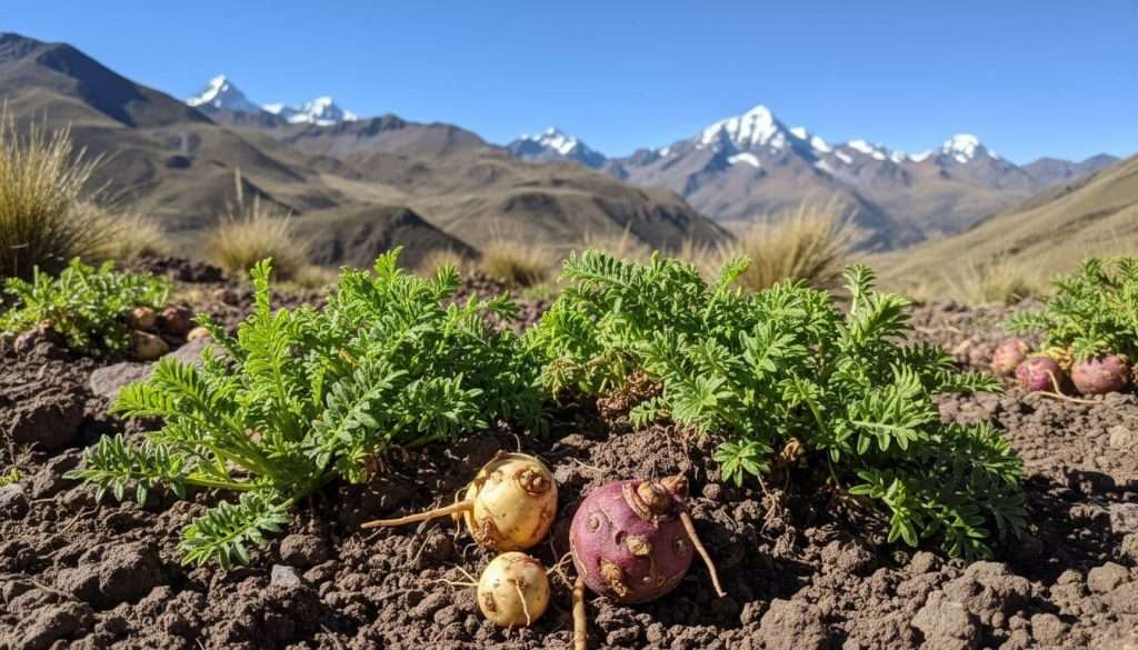 Ultra Bann Maca root plants growing in high Andean mountain soil amid a rugged Peruvian landscape with distant snow-capped peaks