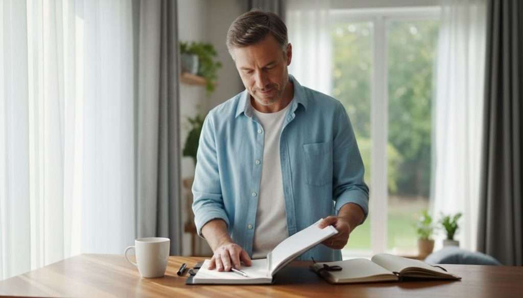 Ultra Bann A mature man in his 40s stands calmly at his wooden home desk, reviewing a planner during his morning routine with