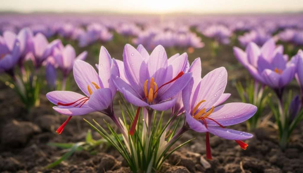 Vibrant Crocus sativus saffron flowers bloom in a sunny field during harvest, with a close-up on the red stigmas